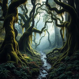 A mystical and ancient forest, filled with towering trees that have gnarled and twisted trunks, draped with lush green moss