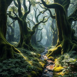 A mystical and ancient forest, filled with towering trees that have gnarled and twisted trunks, draped with lush green moss