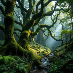 A mystical and ancient forest, filled with towering trees that have gnarled and twisted trunks, draped with lush green moss