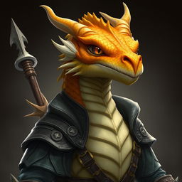 A half-body art piece of a dragon humanoid, featuring a vibrant yellow-orange colored head with finely detailed scales and expressive, intelligent eyes