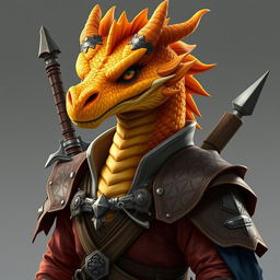 A half-body art piece of a dragon humanoid, featuring a vibrant yellow-orange colored head with finely detailed scales and expressive, intelligent eyes