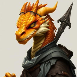 A half-body art piece of a dragon humanoid, featuring a vibrant yellow-orange colored head with finely detailed scales and expressive, intelligent eyes