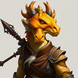 A half-body art piece of a dragon humanoid, featuring a vibrant yellow-orange colored head with finely detailed scales and expressive, intelligent eyes