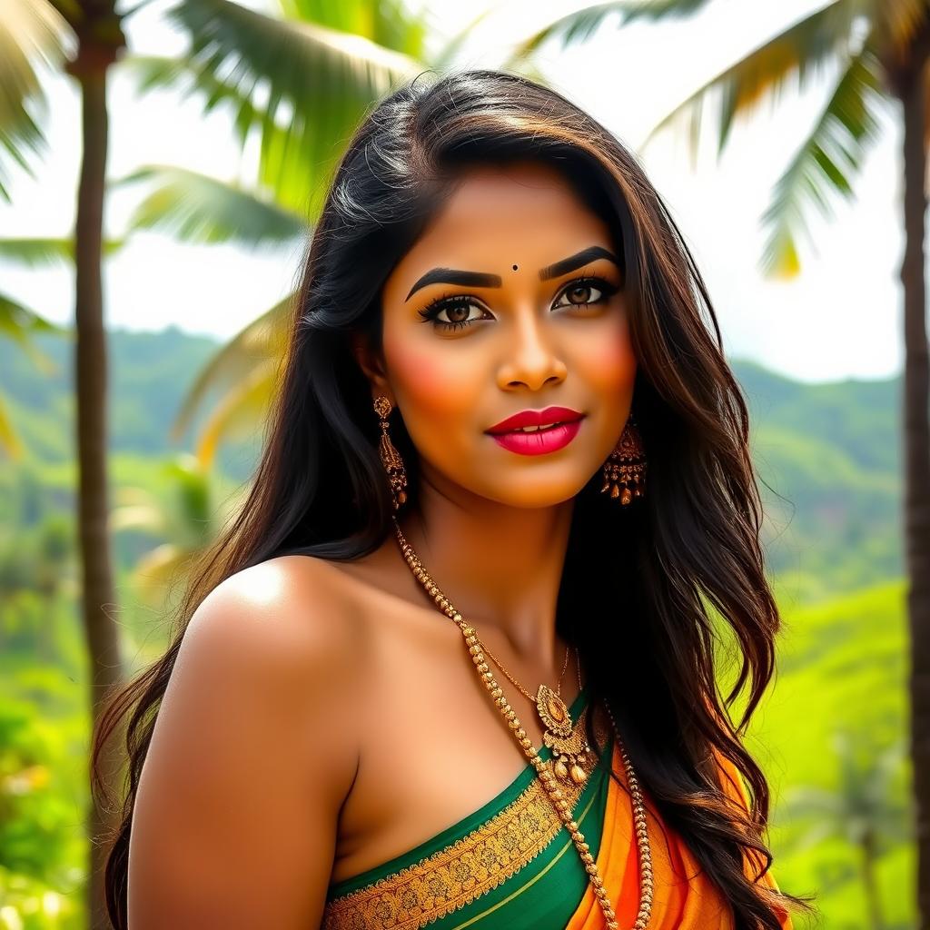 A beautiful Sri Lankan woman, posing confidently in a serene tropical landscape, the background boasts lush green scenery typical of Sri Lanka, including palm trees and verdant hills