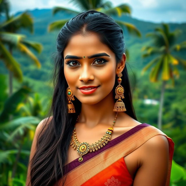 A beautiful Sri Lankan woman, posing confidently in a serene tropical landscape, the background boasts lush green scenery typical of Sri Lanka, including palm trees and verdant hills