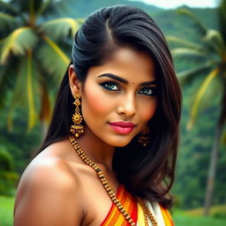 A beautiful Sri Lankan woman, posing confidently in a serene tropical landscape, the background boasts lush green scenery typical of Sri Lanka, including palm trees and verdant hills