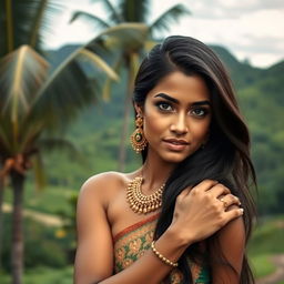 A beautiful Sri Lankan woman, posing confidently in a serene tropical landscape, the background boasts lush green scenery typical of Sri Lanka, including palm trees and verdant hills