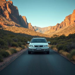 A hyper-realistic depiction of a silver 2003 Opel Astra gracefully cruising through the wild Australian mountains