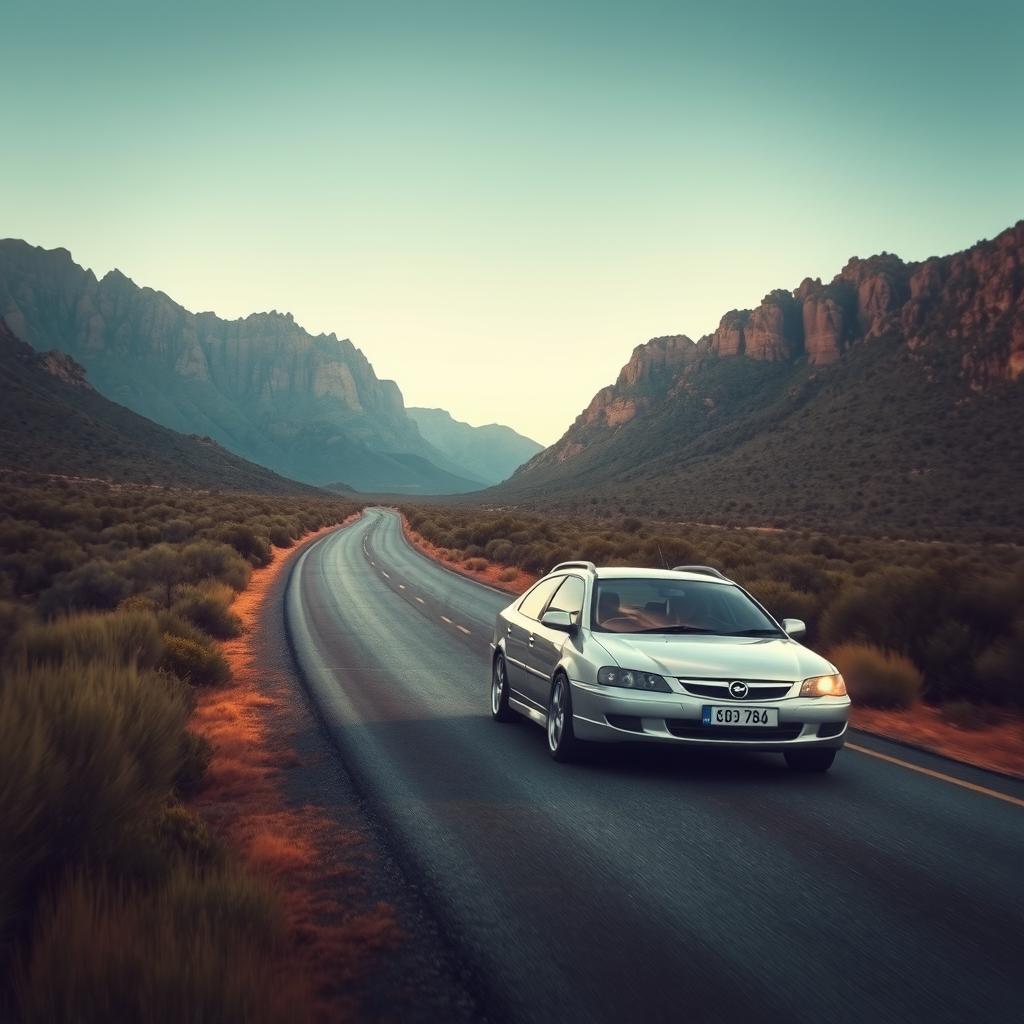 A hyper-realistic depiction of a silver 2003 Opel Astra gracefully cruising through the wild Australian mountains