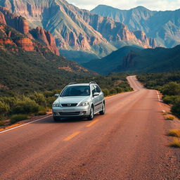 A hyper-realistic depiction of a silver 2003 Opel Astra gracefully cruising through the wild Australian mountains