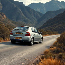 A hyper-realistic depiction of a silver 2003 Opel Astra gracefully cruising through the wild Australian mountains