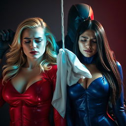 A masked villain grabs and chloroforms two sexy, scared, and sleepy superheroines