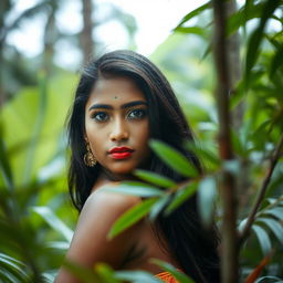 A serene and artistic portrayal of a beautiful Sri Lankan woman in a natural setting, emphasizing the elegance of the human form