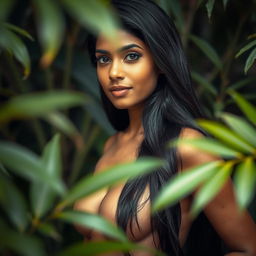 A serene and artistic portrayal of a beautiful Sri Lankan woman in a natural setting, emphasizing the elegance of the human form