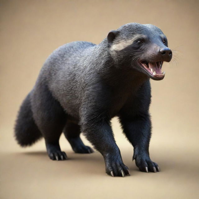 A robust 3D representation of a Honey Badger, its fur appearing tactile and bristly, eyes gleaming with a fierce spirit.