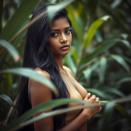 A serene and artistic portrayal of a beautiful Sri Lankan woman in a natural setting, emphasizing the elegance of the human form