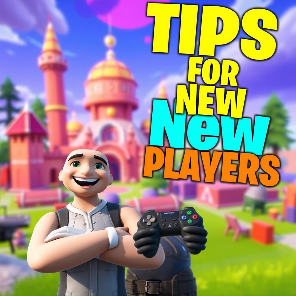 A captivating and dynamic thumbnail for a YouTube video about tips and tricks for Fortnite beginners