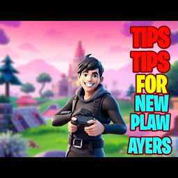 A captivating and dynamic thumbnail for a YouTube video about tips and tricks for Fortnite beginners