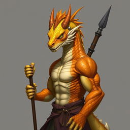 A half-body art piece of a dragon humanoid with a vibrant yellow-orange colored head, displaying precise scales and a fierce, determined gaze