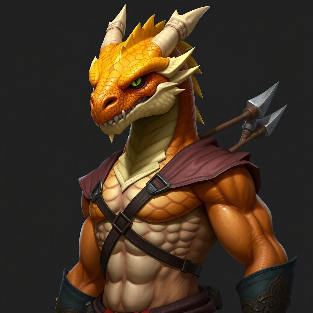 A half-body art piece of a dragon humanoid with a vibrant yellow-orange colored head, displaying precise scales and a fierce, determined gaze