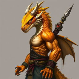 A half-body art piece of a dragon humanoid with a vibrant yellow-orange colored head, displaying precise scales and a fierce, determined gaze