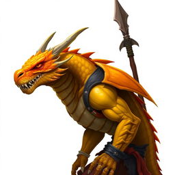 A half-body art piece of a dragon humanoid with a vibrant yellow-orange colored head, displaying precise scales and a fierce, determined gaze