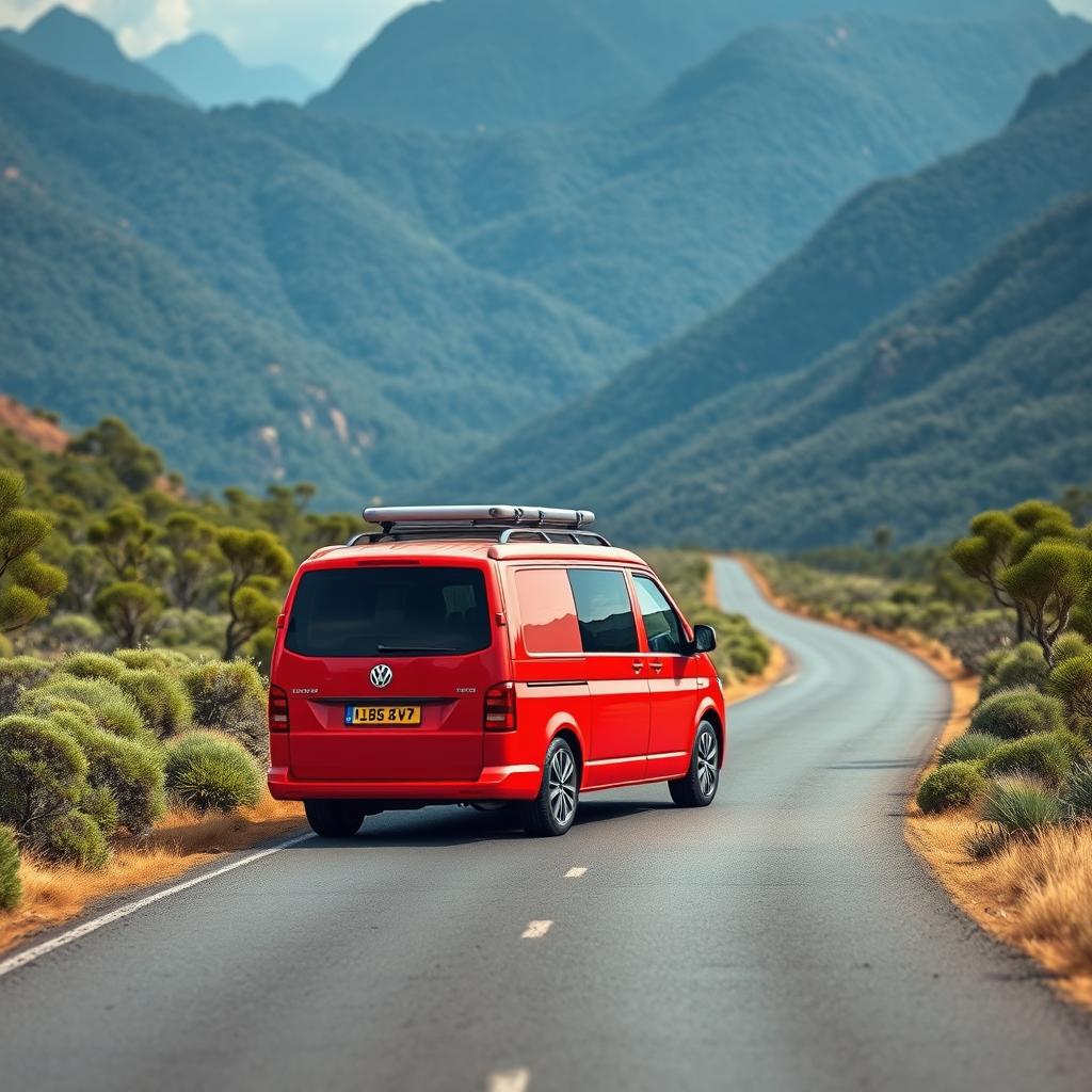 A hyper-realistic depiction of a red VW Transporter T5 cruising serenely through the wild Australian mountains