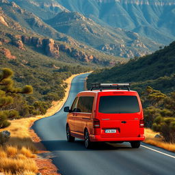 A hyper-realistic depiction of a red VW Transporter T5 cruising serenely through the wild Australian mountains