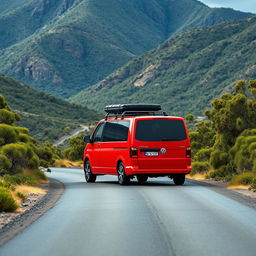 A hyper-realistic depiction of a red VW Transporter T5 cruising serenely through the wild Australian mountains