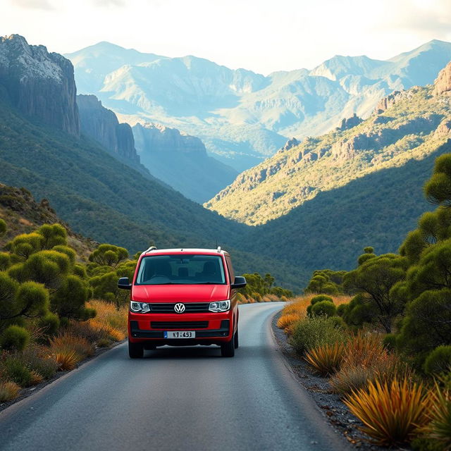 A hyper-realistic depiction of a red VW Transporter T5 cruising serenely through the wild Australian mountains