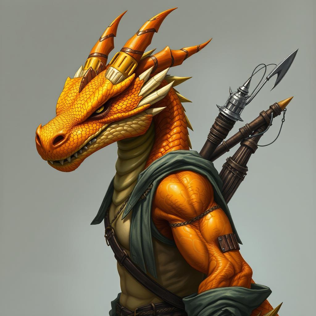 A half-body art piece of a dragon humanoid, showcasing a striking yellow-orange colored head with vibrant scales and an intense expression