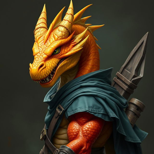 A half-body art piece of a dragon humanoid, showcasing a striking yellow-orange colored head with vibrant scales and an intense expression