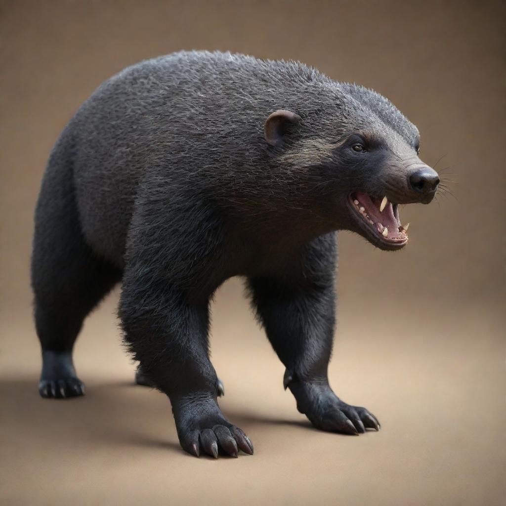 3D model of a Honey Badger, showcasing its strong, muscular build, and its distinctive thick, course fur. Its eyes display a fierce, unyielding spirit.