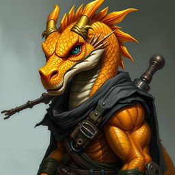 A half-body art piece of a dragon humanoid, showcasing a striking yellow-orange colored head with vibrant scales and an intense expression