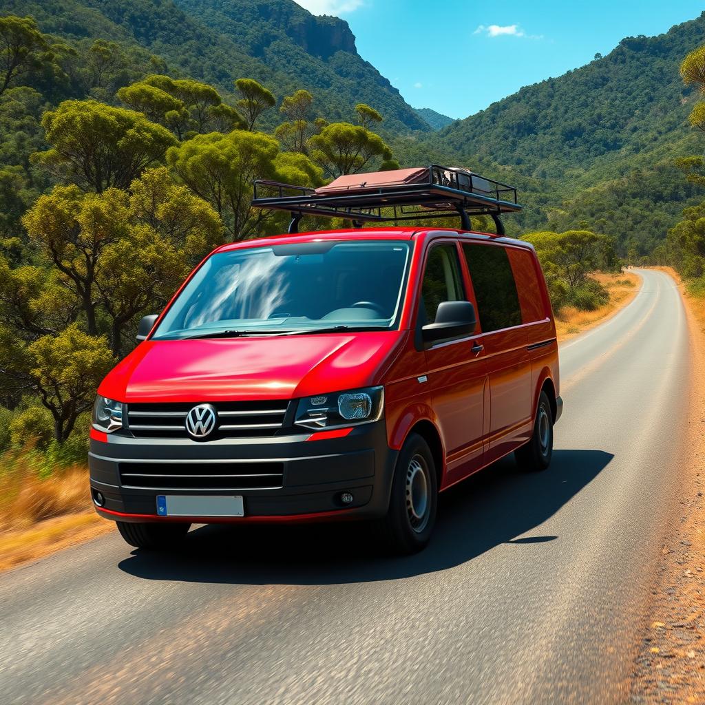 A hyper-realistic depiction of a red 2008 VW Transporter T5 cruising through the untamed beauty of the wild Australian mountains