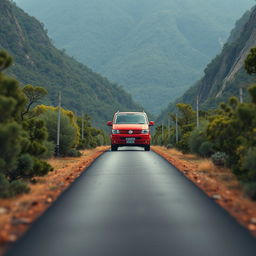 A hyper-realistic depiction of a red 2008 VW Transporter T5 cruising through the untamed beauty of the wild Australian mountains