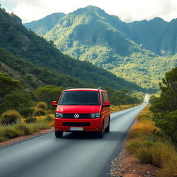 A hyper-realistic depiction of a red 2008 VW Transporter T5 cruising through the untamed beauty of the wild Australian mountains