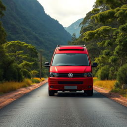 A hyper-realistic depiction of a red 2008 VW Transporter T5 cruising through the untamed beauty of the wild Australian mountains