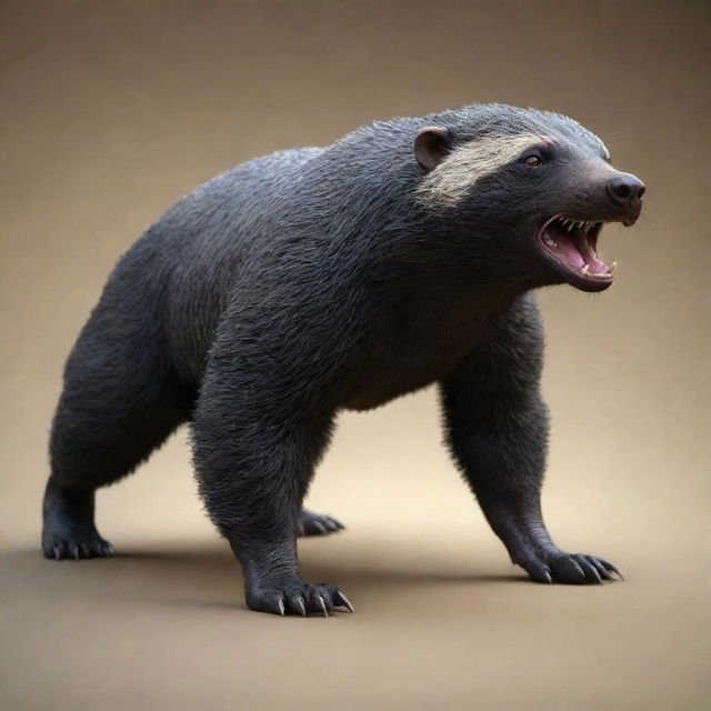 3D model of a Honey Badger, showcasing its strong, muscular build, and its distinctive thick, course fur. Its eyes display a fierce, unyielding spirit.