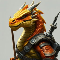 A half-body art piece of a dragon humanoid, characterized by its vibrant yellow-orange colored head adorned with intricately detailed scales and piercing eyes