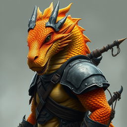 A half-body art piece of a dragon humanoid, characterized by its vibrant yellow-orange colored head adorned with intricately detailed scales and piercing eyes