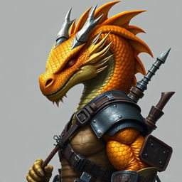 A half-body art piece of a dragon humanoid, characterized by its vibrant yellow-orange colored head adorned with intricately detailed scales and piercing eyes