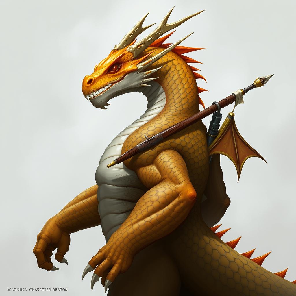 A half-body art piece showcasing a dragon humanoid with a striking yellow-orange colored head, adorned with detailed and realistic scales