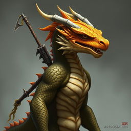 A half-body art piece showcasing a dragon humanoid with a striking yellow-orange colored head, adorned with detailed and realistic scales