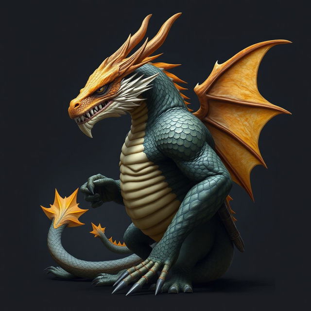 A half-body art piece showcasing a dragon humanoid with a striking yellow-orange colored head, adorned with detailed and realistic scales