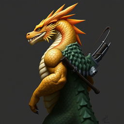 A half-body art piece showcasing a dragon humanoid with a striking yellow-orange colored head, adorned with detailed and realistic scales