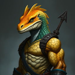 A half-body art portrait of an Argonian with a vivid yellow-orange colored head, depicting realistic scales and a determined gaze