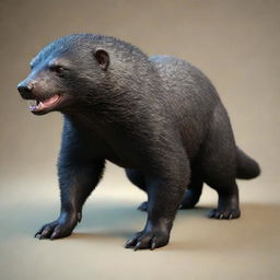 3D model of a Honey Badger, showcasing its strong, muscular build, and its distinctive thick, course fur. Its eyes display a fierce, unyielding spirit.