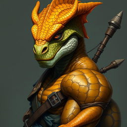 A half-body art portrait of an Argonian with a vivid yellow-orange colored head, depicting realistic scales and a determined gaze