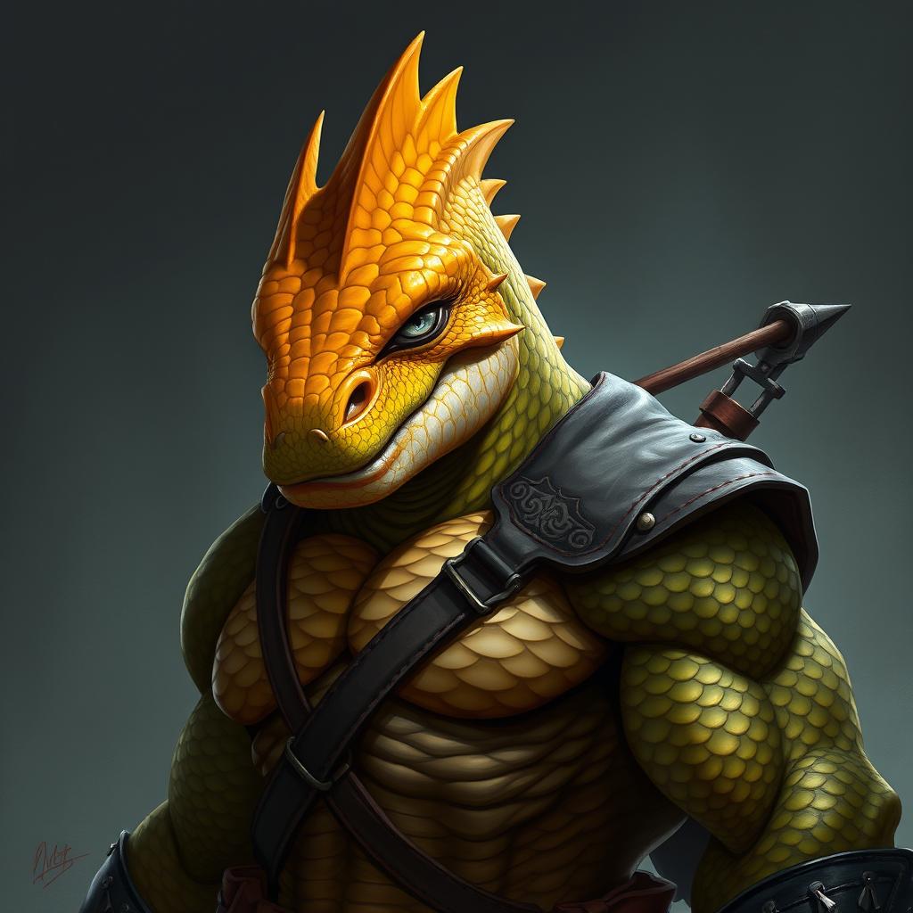 A half-body art portrait of an Argonian with a vivid yellow-orange colored head, depicting realistic scales and a determined gaze